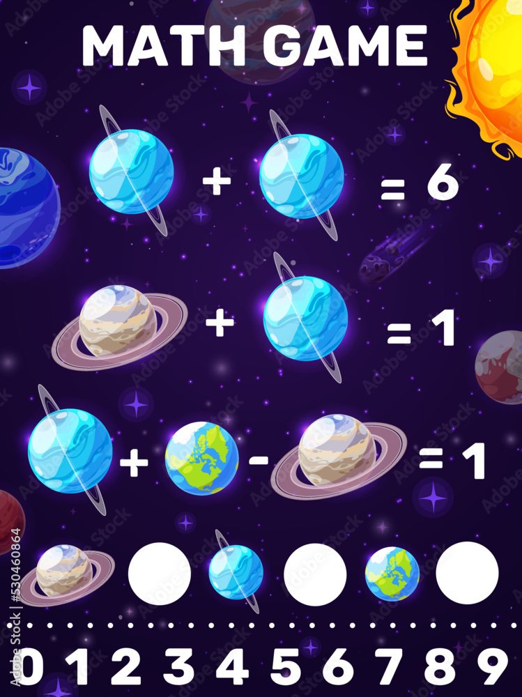 Poster math game worksheet. cartoon galaxy space planets and stars. kids educational puzzle with addition a