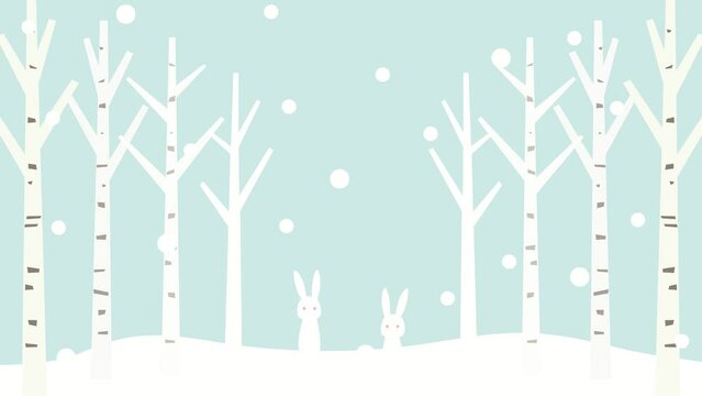 うさぎのいる白樺の森に雪が降っているアニメーション