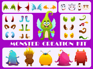 Monster creation kit. Cartoon monster character constructor. Vector construction set of fantasy elf or goblin personage. Funny creature face, tail, horn, ear, wings, legs and bodies of cute alien