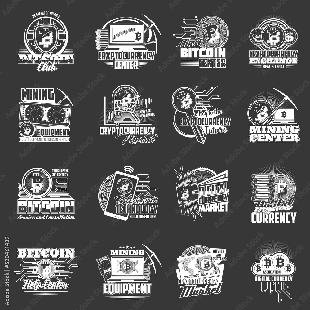 Poster cryptocurrency, blockchain and bitcoins crypto currency vector icons. bitcoin mining and digital mon