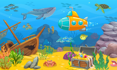 Obraz premium Underwater game level landscape. Sunken ship, whale, submarine, turtle and fish shoal, treasure chest and seaweed. Cartoon vector underwater ocean world background with shipwreck boat and loot trunk
