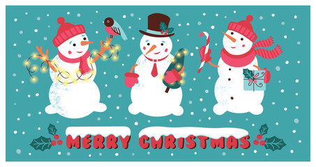 Christmas card template. Vector snowmen. Retro style