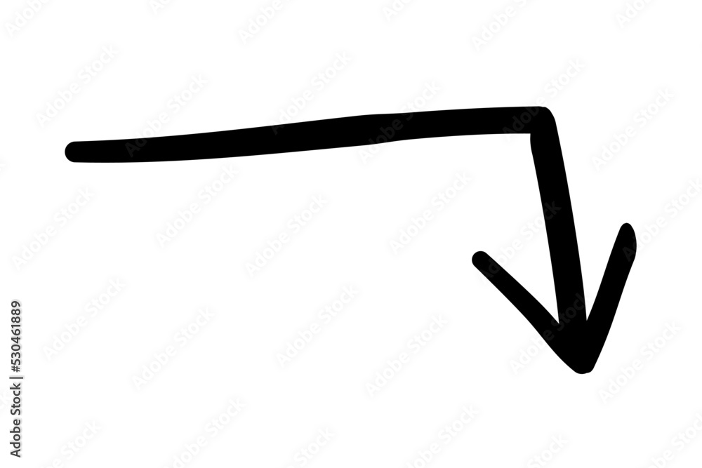 Poster abstract hand drawn arrow. curved geometric pointer with angle. down and right. direction indicator.