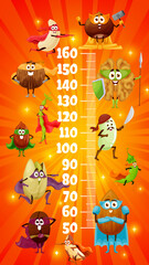 Nuts superhero characters kids height chart growth meter. Vector ruler, stadiometer wall sticker and cartoon coconut, coffee bean, almond and walnut, peanut and cashew, pistachio, brazil nut, hazelnut