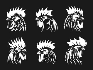 Rooster, cockerel or cock head vector icons. Farm bird faces with silhouettes of beak, combs, wattles and feathers. Angry rooster isolated mascot of poultry farm, butcher shop, sport team © Vector Tradition