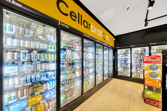 Australia bottle shop with chiller fridges to keep drinks cold. 