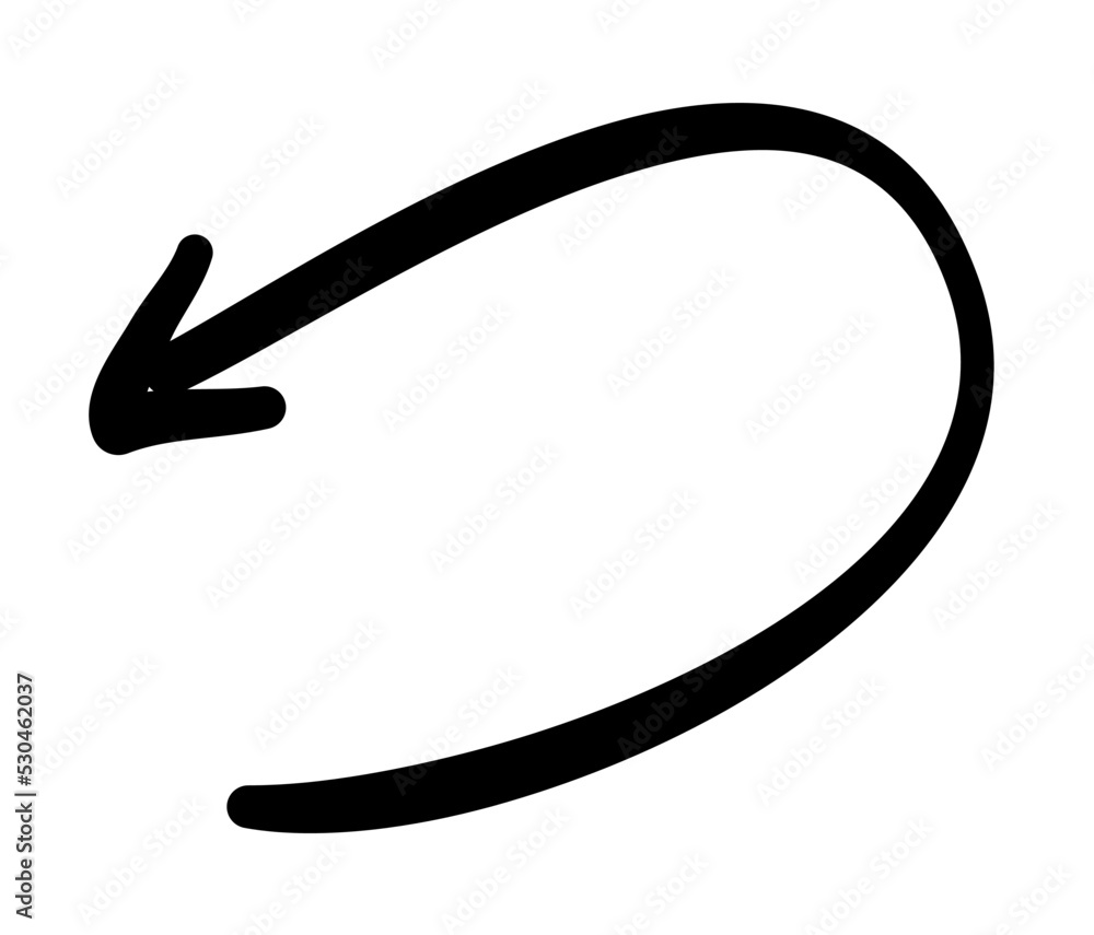 Poster abstract hand drawn arrow. long curved direction or turn indicator. points down and left. design ele