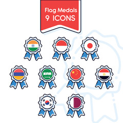 Set of silk medal icons with different flags Vector