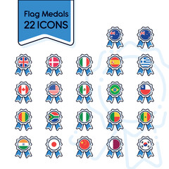 Set of silk medal icons with different flags Vector
