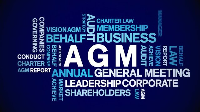 AGM - Annual General Meeting acronym animated tag word cloud;text design animation kinetic typography seamless loop.