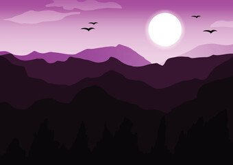 Colorful landscape cartoon style,  mountain and trees, Green field and hills landscape, background landscape vector.