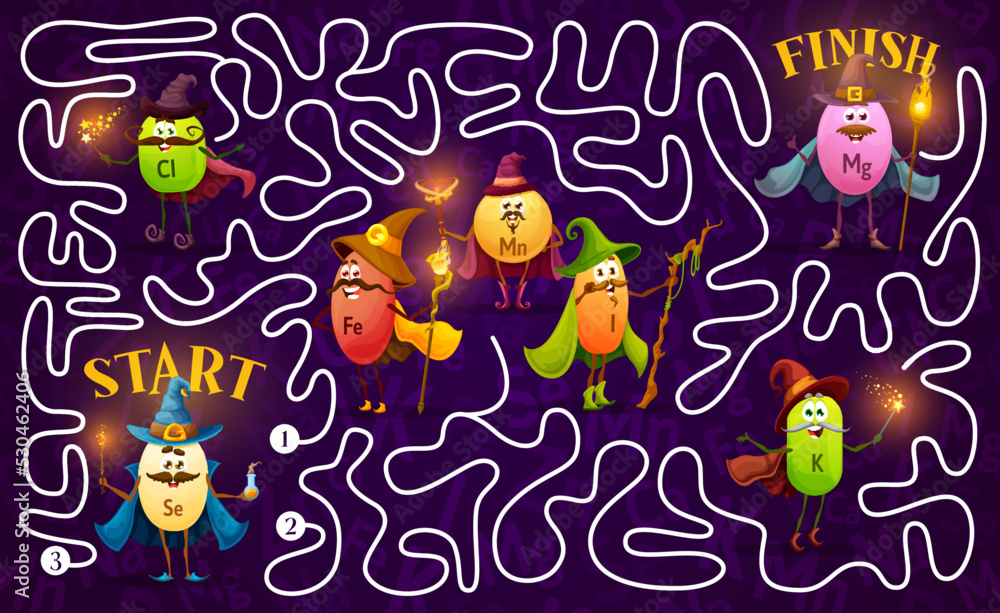 Poster labyrinth maze game, help micronutrients wizard and mage characters, vector kids puzzle worksheet. l