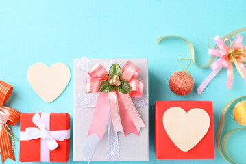 Colorful gift box on light blue color background, Present for giving in special day and holiday