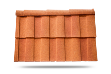 Red corrugated tile element of roof. Isolated on white background