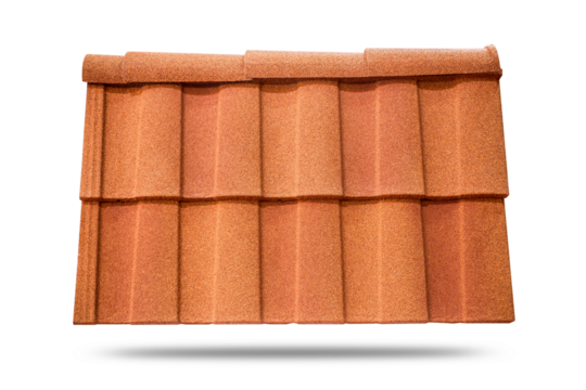 Red corrugated tile element of roof. Isolated on white background