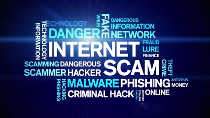 internet scam animated tag word cloud;text design animation kinetic typography seamless loop.