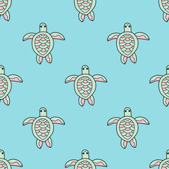 Funny hand-drawn sea turtles seamless pattern vector illustration. Cartoon regular surface design with turtles in water. Pastel colored surface design by black, blue, green and pink colors