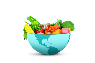 Globe with fresh vegetables and fruits in studio