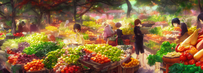 market scene, people enjoying plentiful supply of fresh fruit and vegetables at a local marketplace