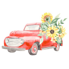 Watercolor pickup truck with sunflowers, illustration for invitations, autumn cards, harvest festival