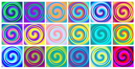 Set colorful abstract backdrops with gradient circles. Vector designs with wave spiral shapes.