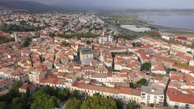 Bird's eye view of Frontignan, south France. Residential buildings and town hall visible from above.