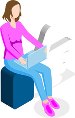 3D isometric Online shopping concept with Women search for shopping information by laptop on the like sign. PNG illustration