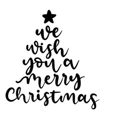 Isolated words we wish you a merry Christmas written in calligraphy in a tree shape for overlay
