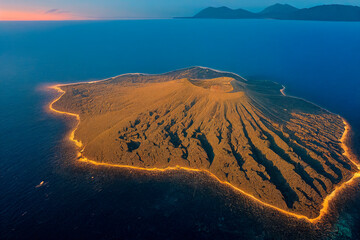 An aerial view of a volcanic island