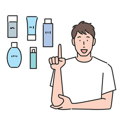 男性用化粧品をお勧めする笑顔の男性