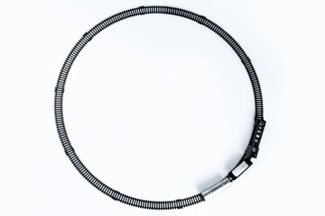The toy train runs on the rails. take from above on white background