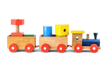 Children s toy wooden steam locomotive without load. It is isolated on a white background