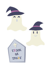 魔女の帽子を被ったハロウィンのおばけ達と、トリックオアトリートの文字が刻まれた墓石のイラストセット