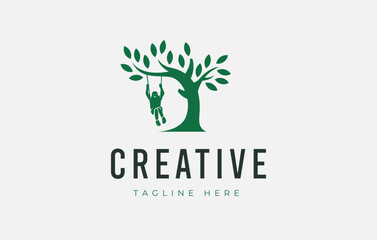 Daycare Children Wood Logo Design Template. Child playing swing under the tree.