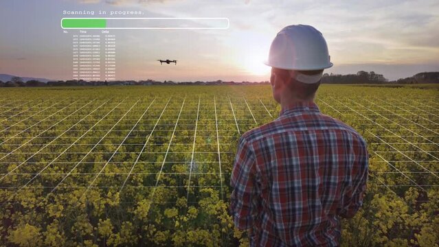Engineer using a Agritech drone to scan agricultural fields - 3D motion graphics
