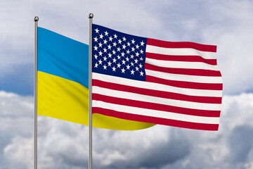 ukrainian and american flag on sky background. 3D illustration