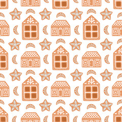 Gingerbread Christmas seamless pattern house cookies isolated on white vector