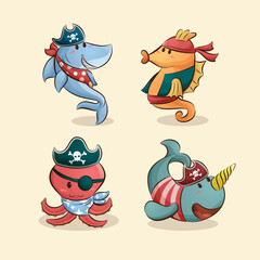 Cute animal pirate characters cartoon illustration collection