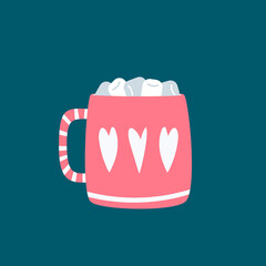 Cute mug with cocoa and marshmallows in doodle style, vector flat illustration, isolated, cartoon.