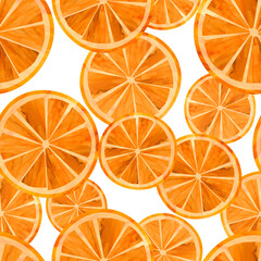Seamless background with round orange mandarin slices chaotically arranged on a white background. Painted with watercolor in collage technique. Design for textiles, wrapping paper, packaging.
