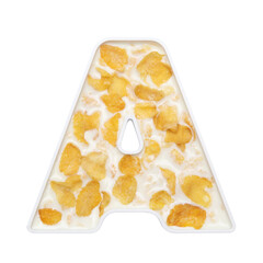 cornflakes cereal with milk in alphabet plate