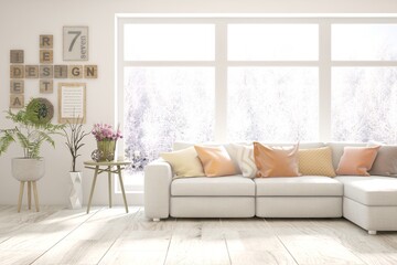 Modern living room in white color with sofa and winter landscape in window. Scandinavian interior design. 3D illustration