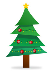 Christmas tree with yellow lights, spheres and a yellow star at the top of the tree