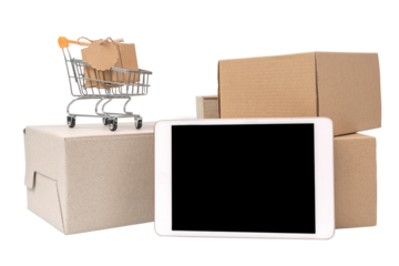 Boxes and shopping trolley with gifts with tablet isolated