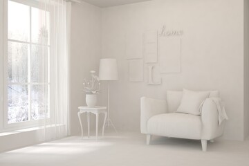 Living room in white color with armchair. Scandinavian interior design. 3D illustration
