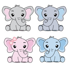 Cute baby elephant set. Funny cartoon animal character Vector illustration for circus tricks. Set of elephant cartoon character isolated on white background.