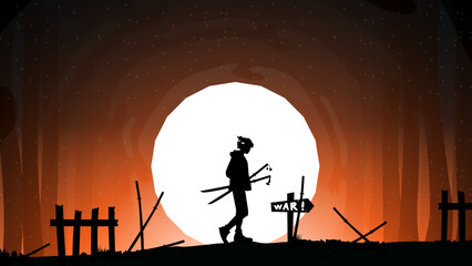 Fototapeta premium samurai boy anime wallpaper. samurai boy with oni mask on head. war of the samurai wallpaper. illustration of a samurai boy going to war. silhouette of a person in the night.