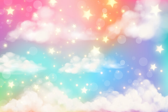Fantasy realistic rainbow background with clouds in pastel colors. Unicorn cartoon cute wallpaper. Fairy vector landscape.