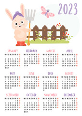 Calendar 2023 with cute rabbit farmer with rake, fence and butterfly. Bunny is symbol of 2023 to eastern horoscope. Vector illustration. Vertical template 12 months in English. Week from Monday