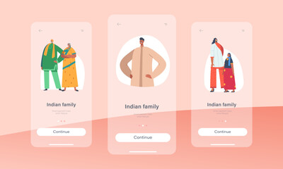 Indian Family Mobile App Page Onboard Screen Template. Young and Old Male and Female Characters Parents, Grandparents